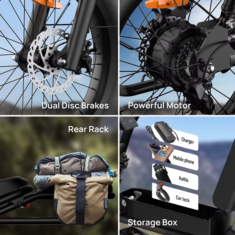 Collage of  URLIFE T2 electric bike features including dual disc brakes, powerful motor, rear rack, and storage box.
