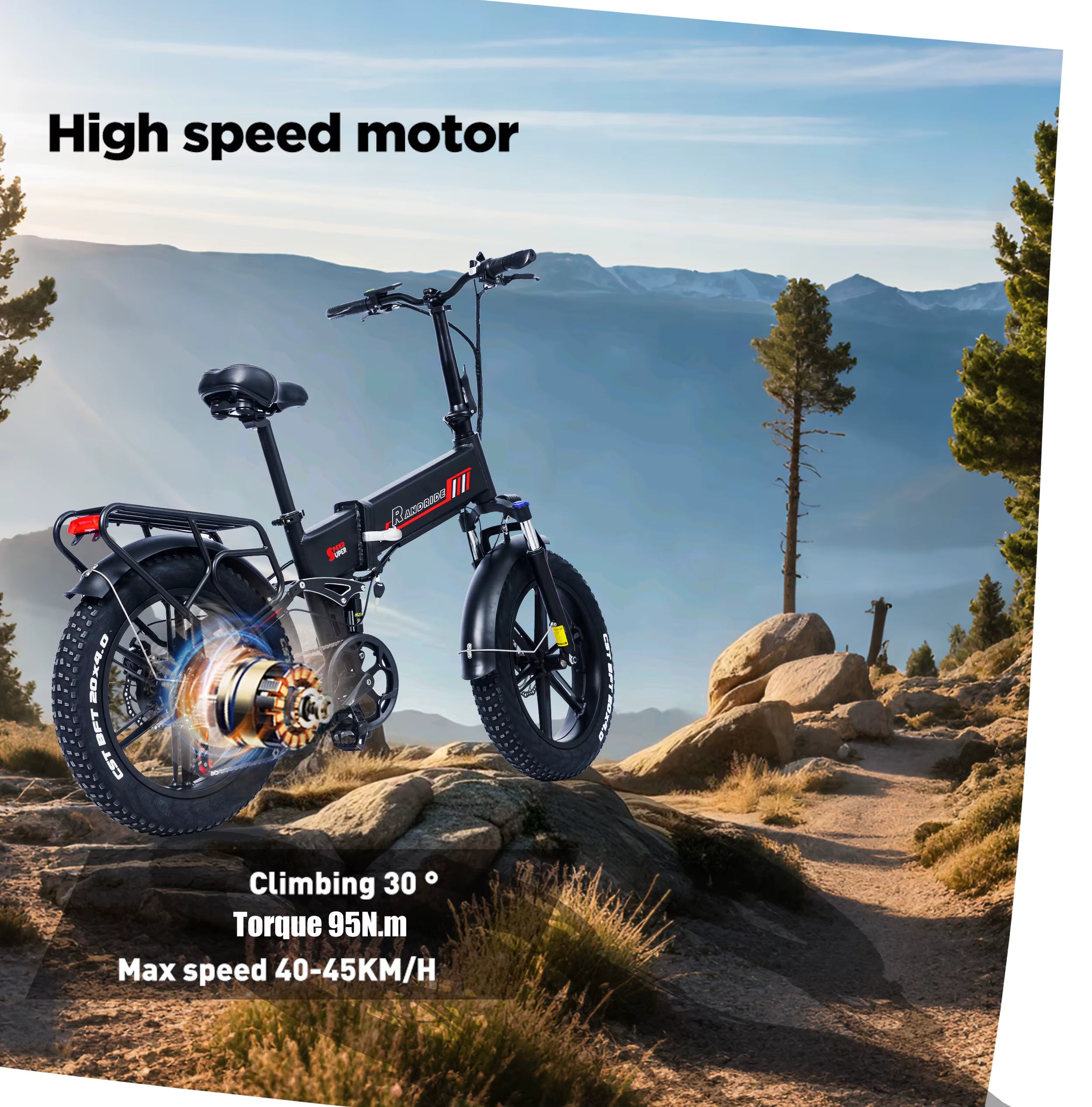 Electric bike on a rocky trail with mountainous background with High speed motor txt 