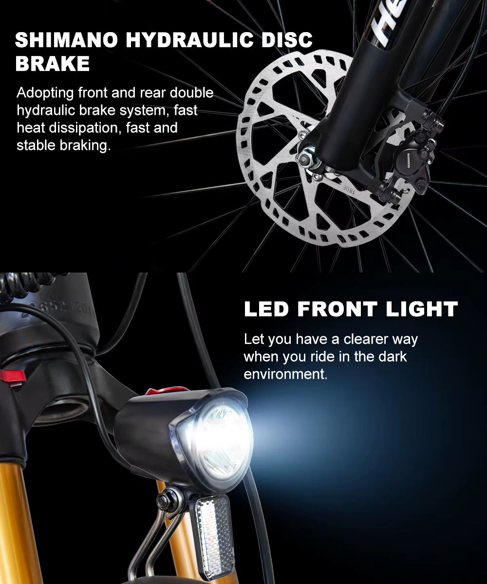 HedaTX TX19 Electric Bicycle with Shimano hydraulic disc brake and LED front light on a black background 