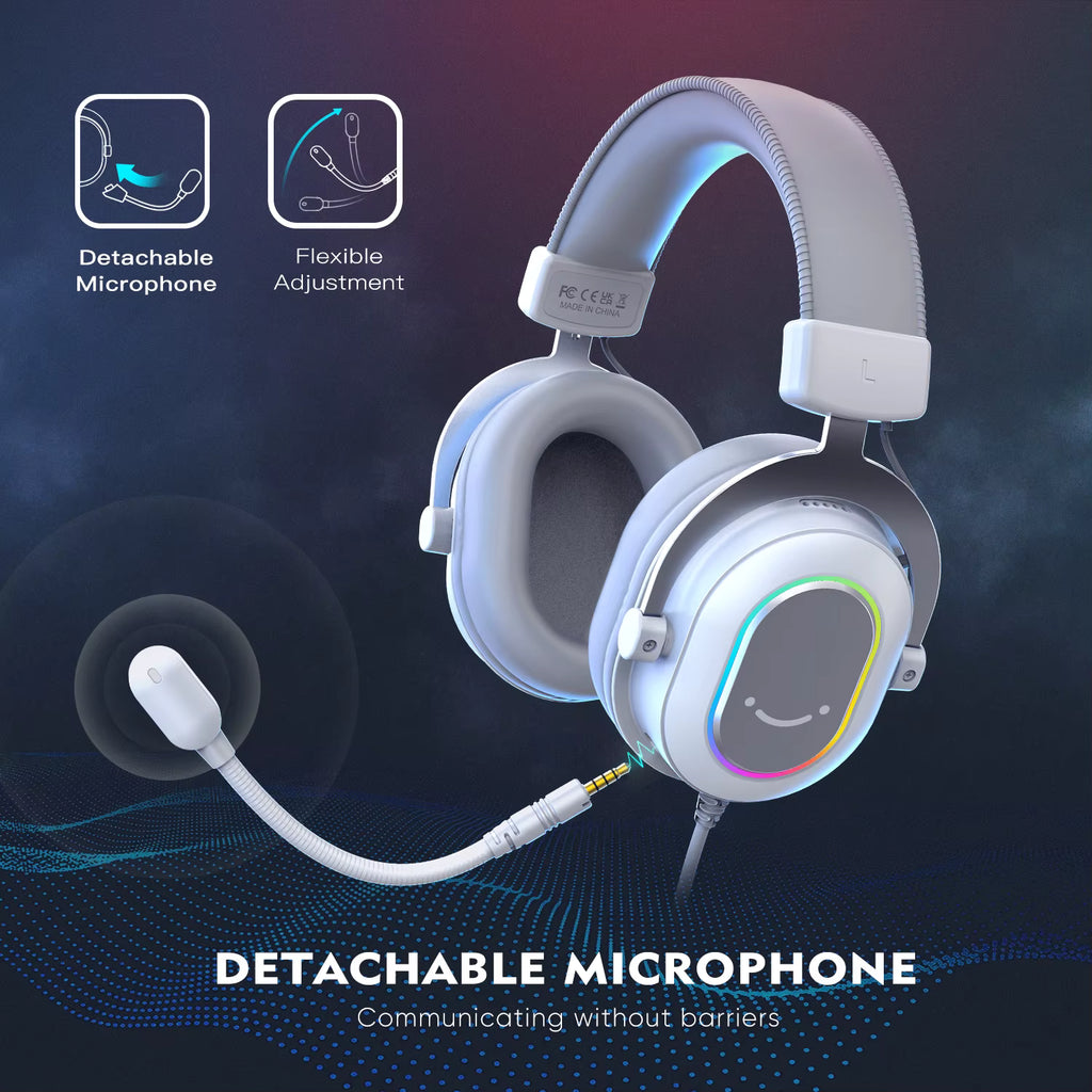 Promotional graphic showcasing the detachable noise-cancelling microphone and flexible boom arm