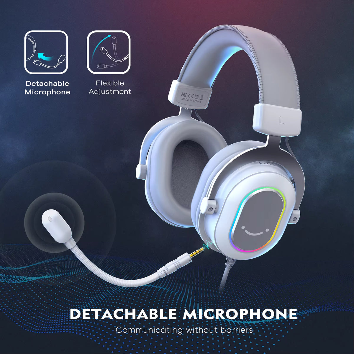 Promotional graphic showcasing the detachable noise-cancelling microphone and flexible boom arm