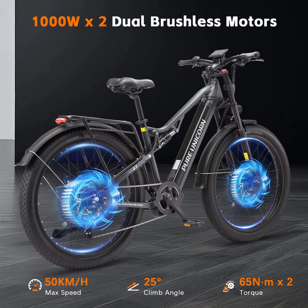 PURE UNICORN U7 Electric bike with dual brushless motors on a dark background