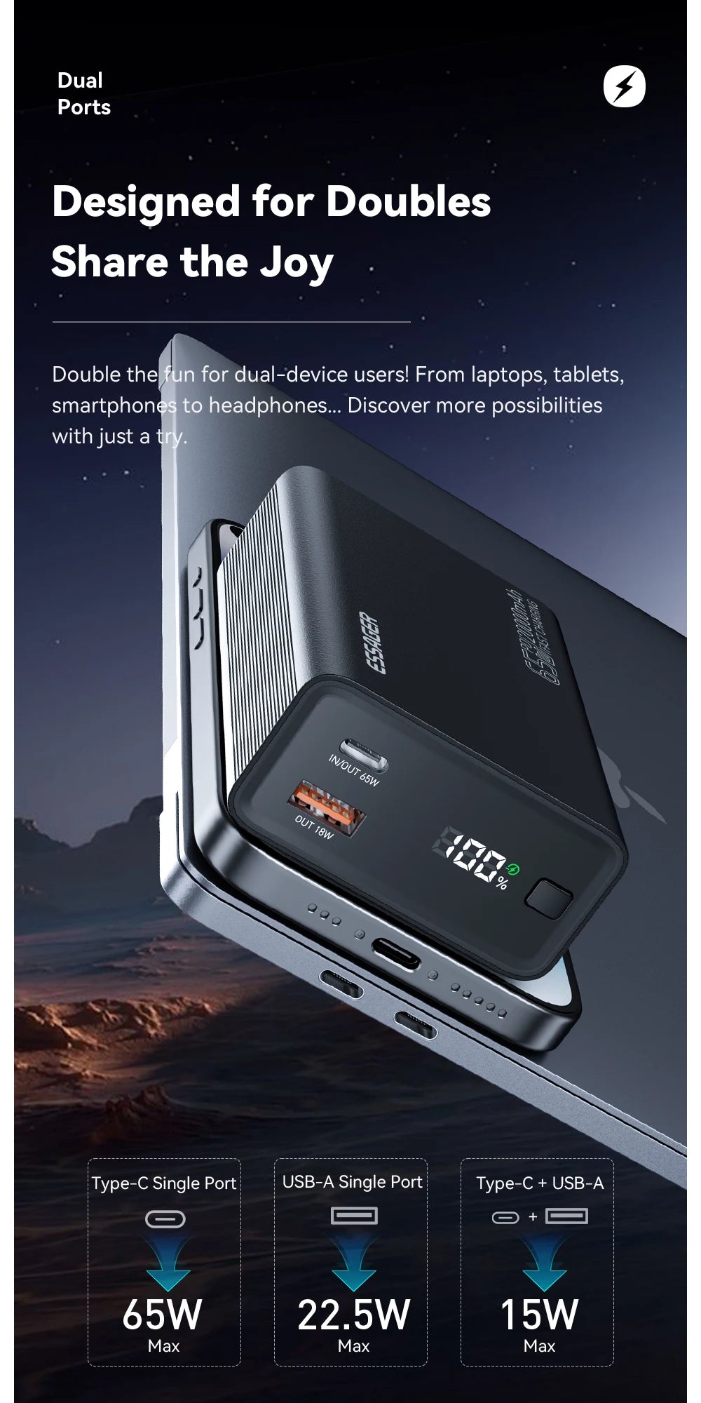 Power bank with dual ports and mountain landscape background