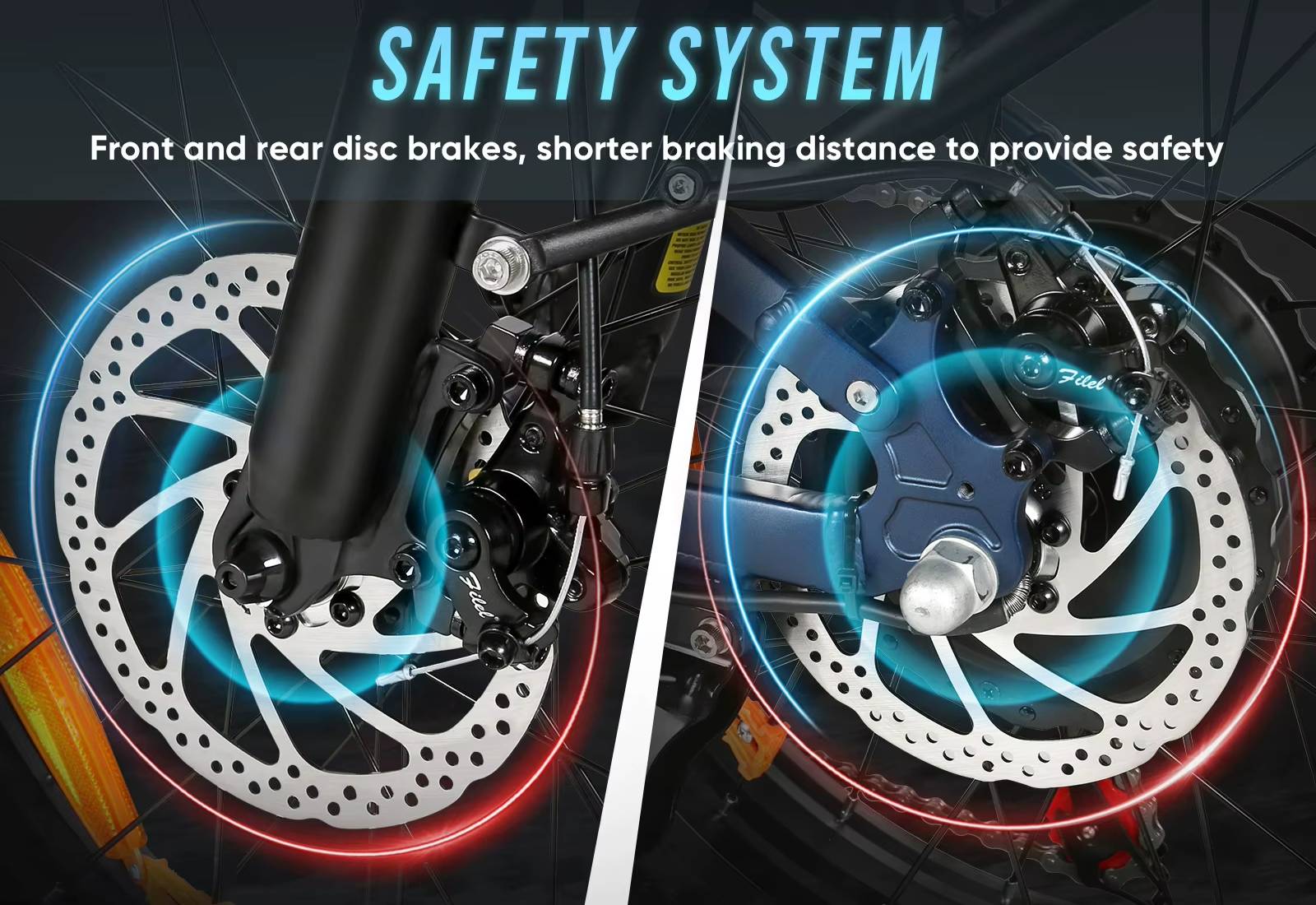 Samebike RS‑A02 PRO electric bicycle disc brake system with safety text on a dark background