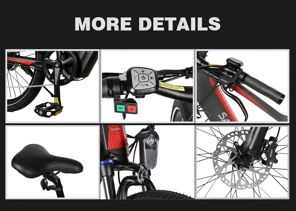 Samebike XD26-II electric bicycle Collage of bicycle parts with close-up details on a black background.