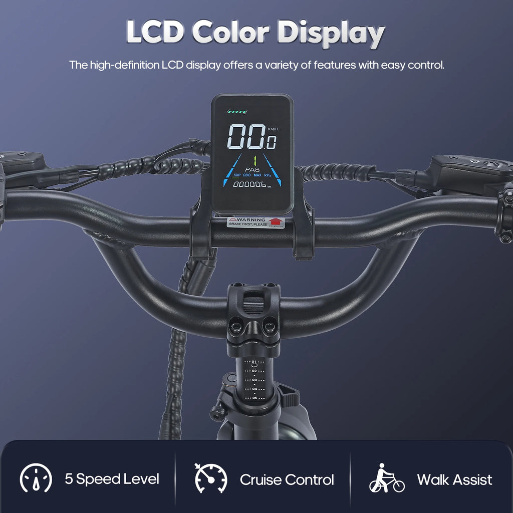 Electric Bicycle handlebar with LCD color display on a dark background