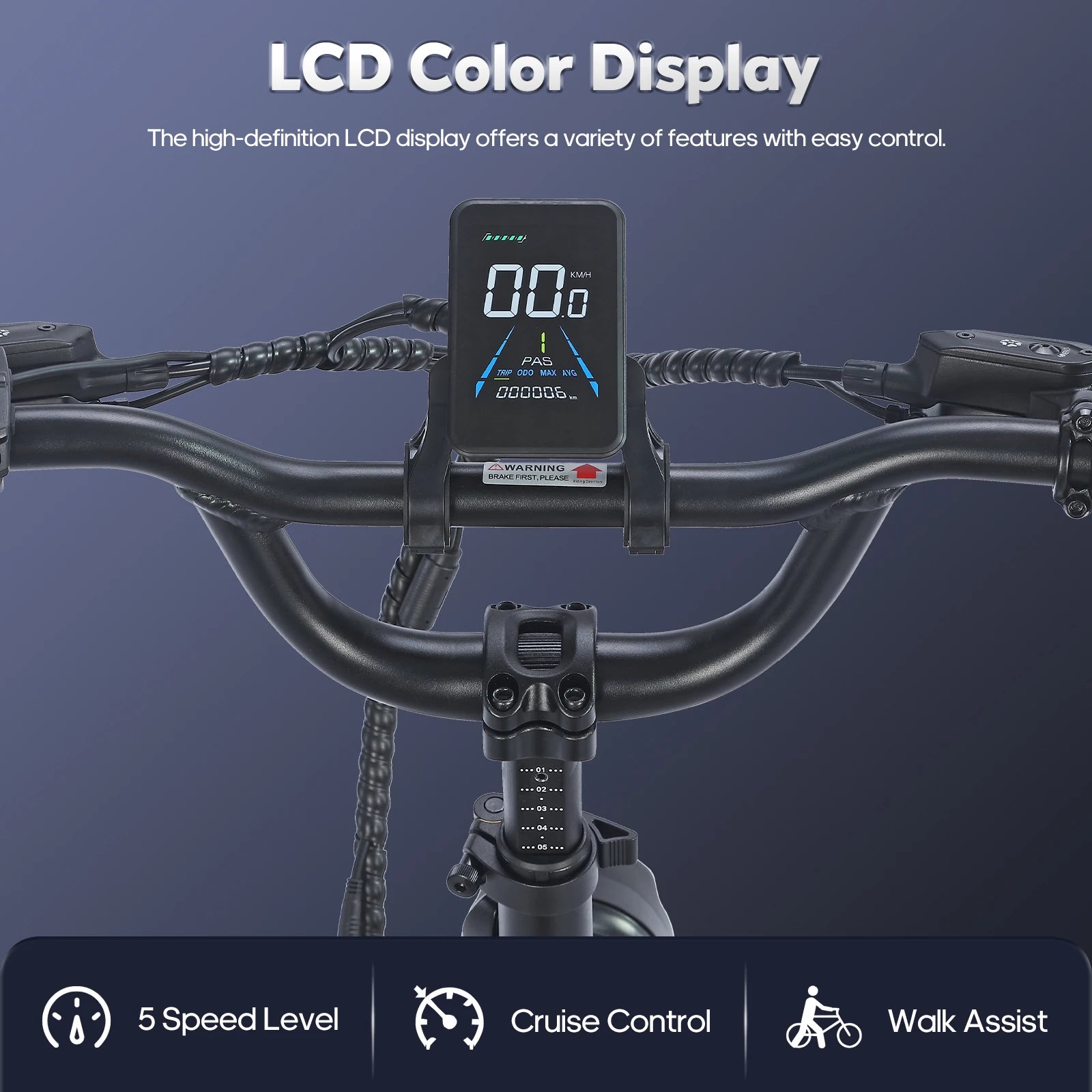 Electric Bicycle handlebar with LCD color display on a dark background