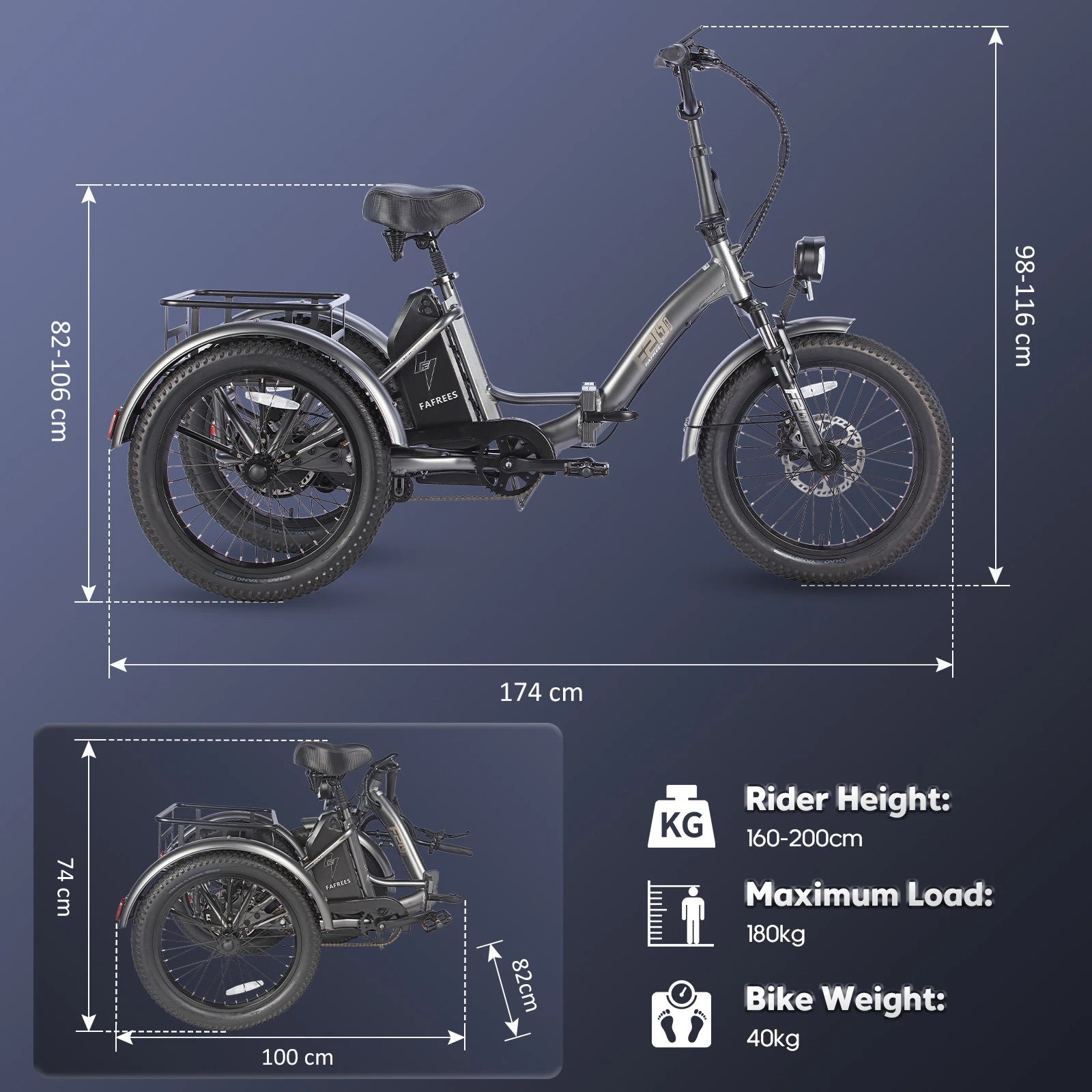 Black Electric tricycle with dimensions and specifications on a dark blue background