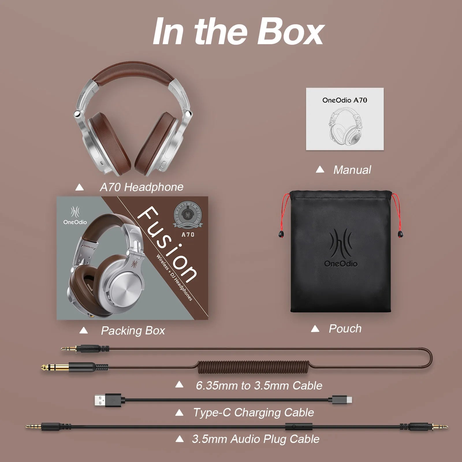OneOdio A70 Headphone set with packaging, manual, pouch, cables on a brown background 