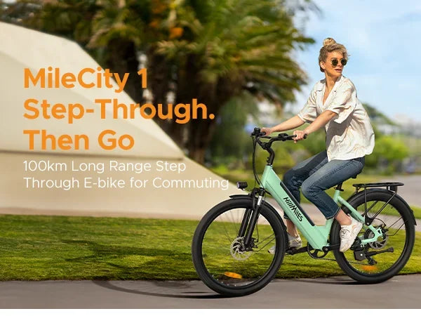 Woman on an electric bike cycling through a neighbourhood 