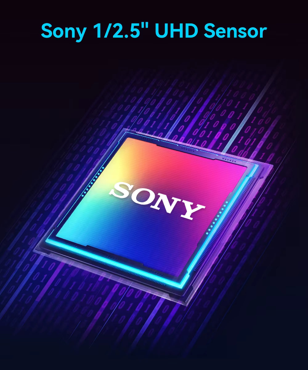 A Sony processor chip graphic with a colorful gradient face and glowing blue edges, set on a dark background with binary code and the text 'Sony 1/2.5" UHD Sensor' at the top for the EMEET S600 4K web camera 