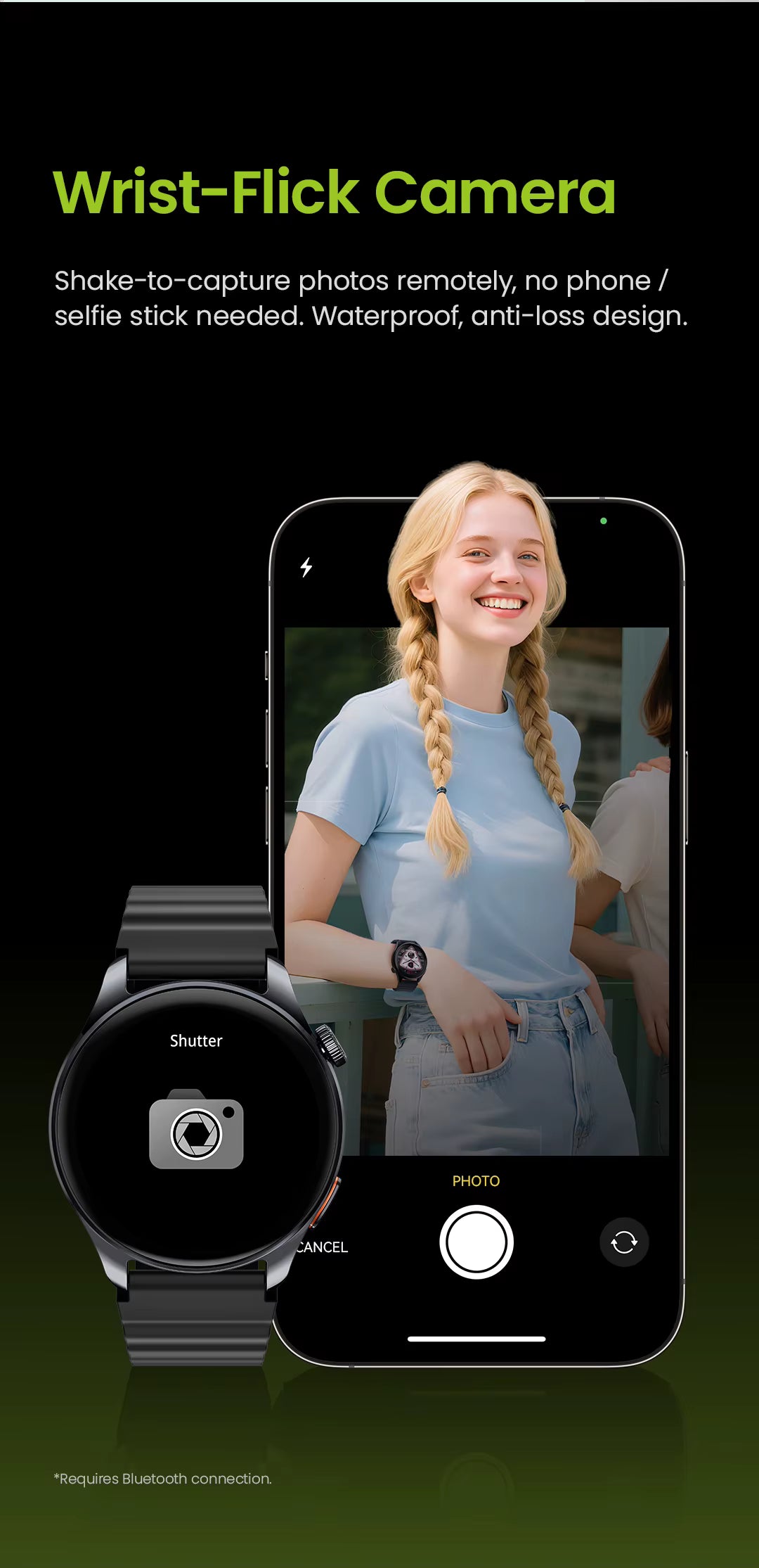 Wrist-Flick Camera device with smartphone app interface on a black background