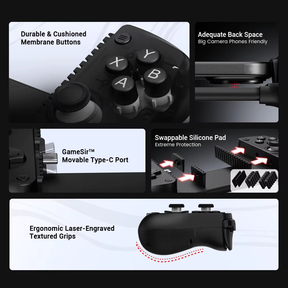 Black gaming controller with features highlighted on a white background