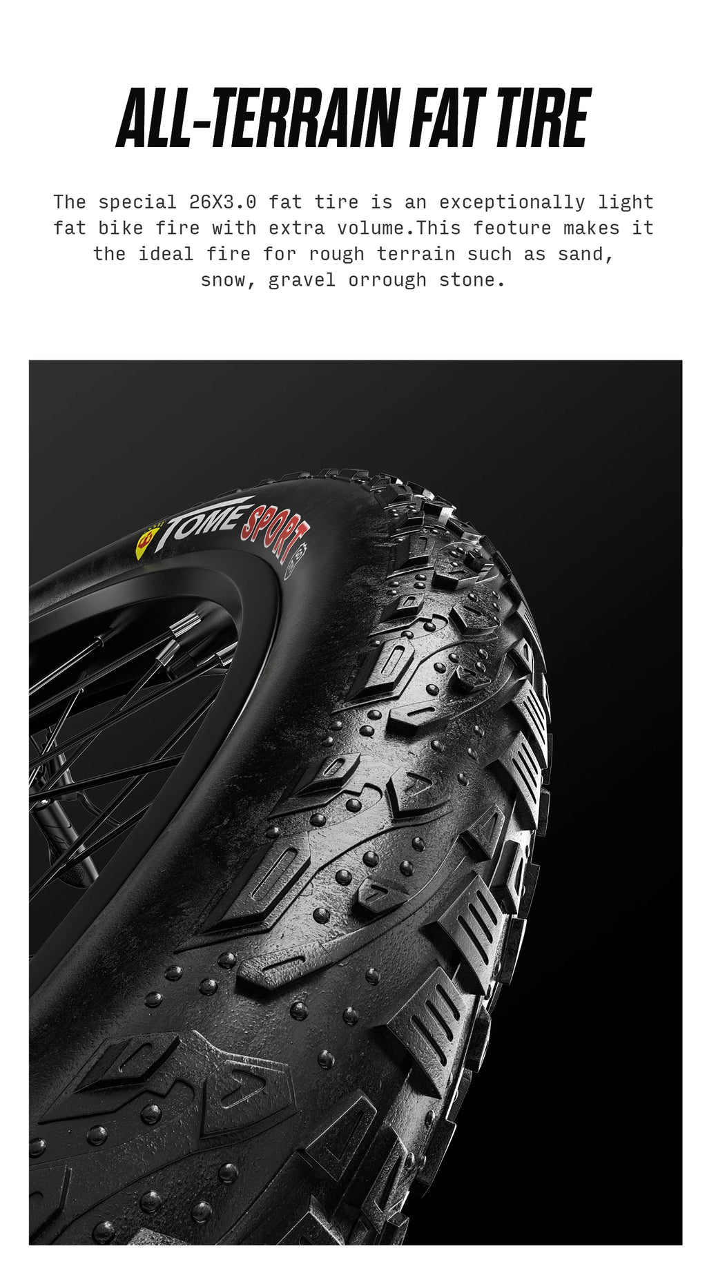 All-terrain fat tire with text describing its features on a black background