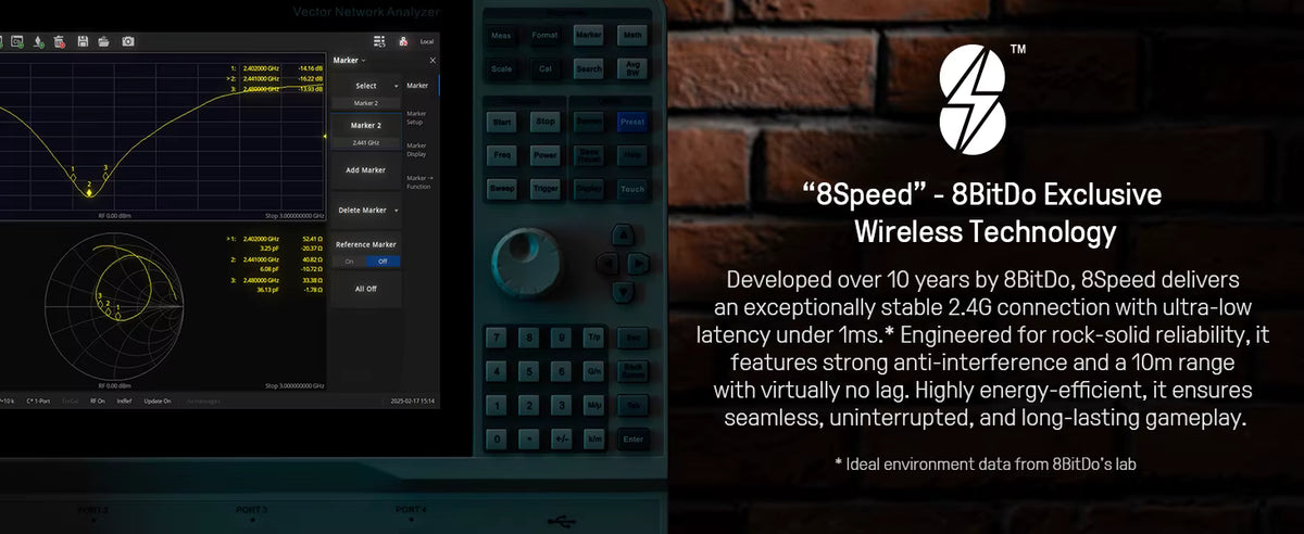 8BitDo promotional graphic highlighting "8Speed" exclusive wireless technology, showing a Vector Network Analyzer dashboard on the left and text on the right detailing ultra-low latency under 1ms, 10-meter range, and 2.4G stable anti-interference connection against a dark brick wall background.