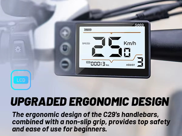 DUOTTS C29 Electric Bike Feature Graphic Highlighting S869 Digital LCD Display Unit Mounted on Handlebars