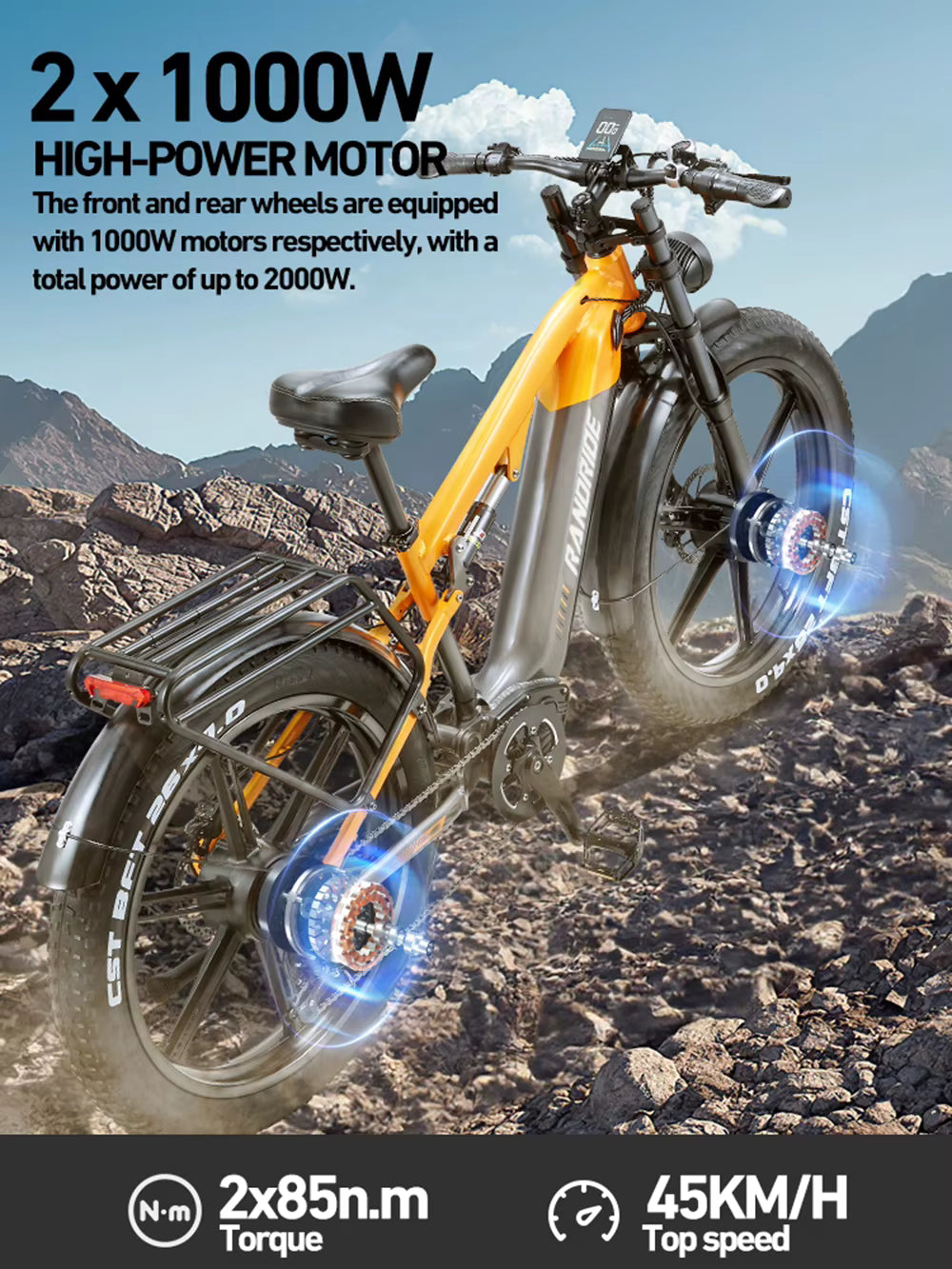 RANDRIDE YX80 Electric bike with high-power motors on a rocky terrain