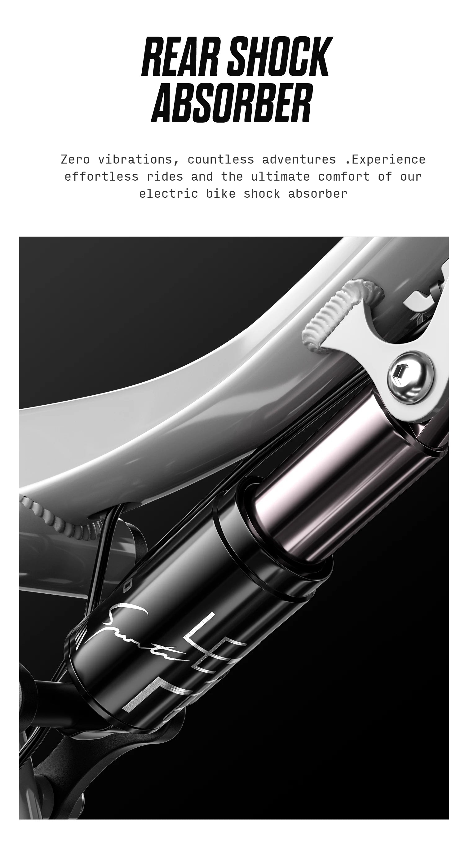 Electric bike shock absorber with text on a black background