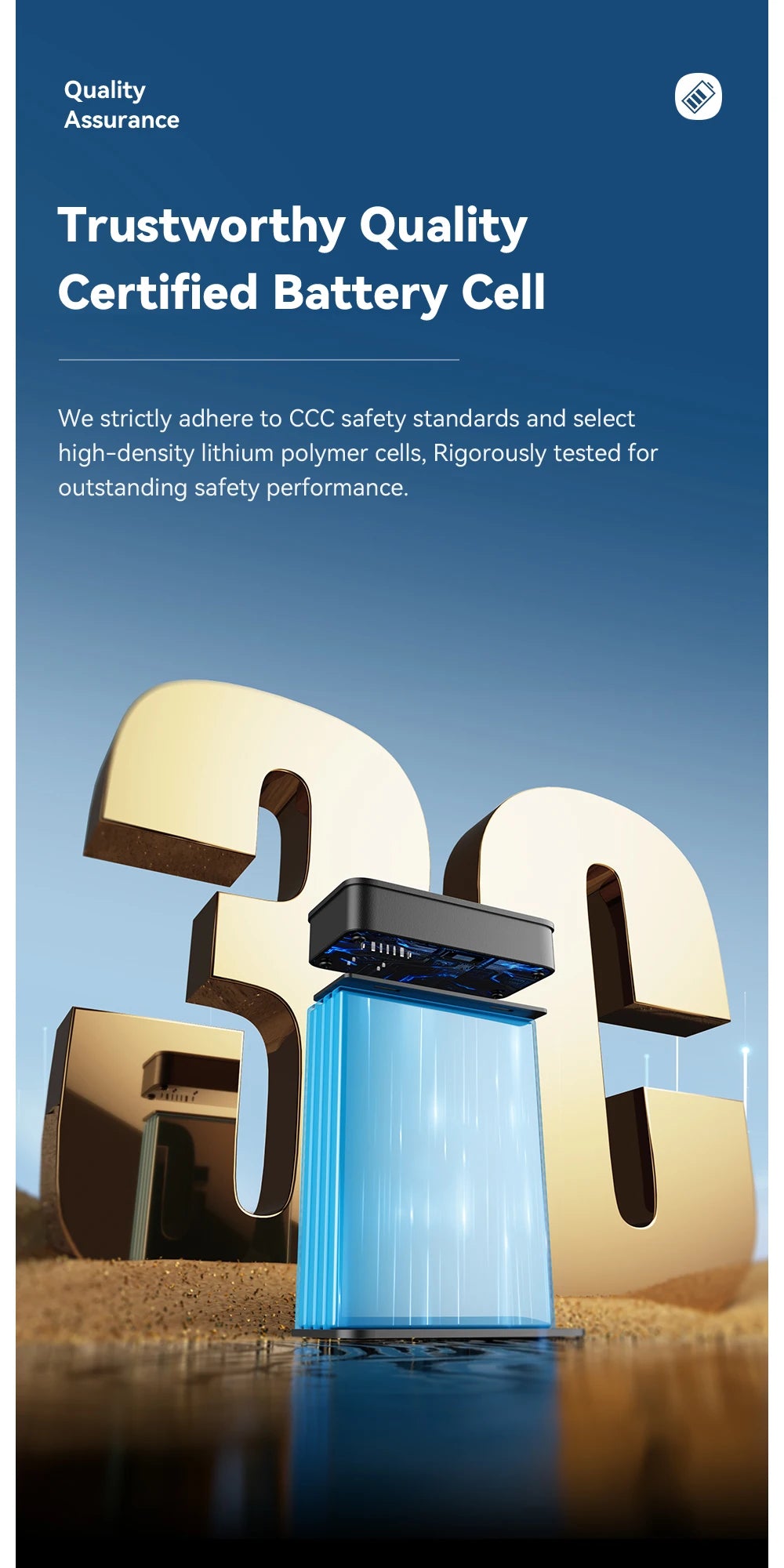 Advertisement for a battery cell with large 3D numbers and safety certification text.