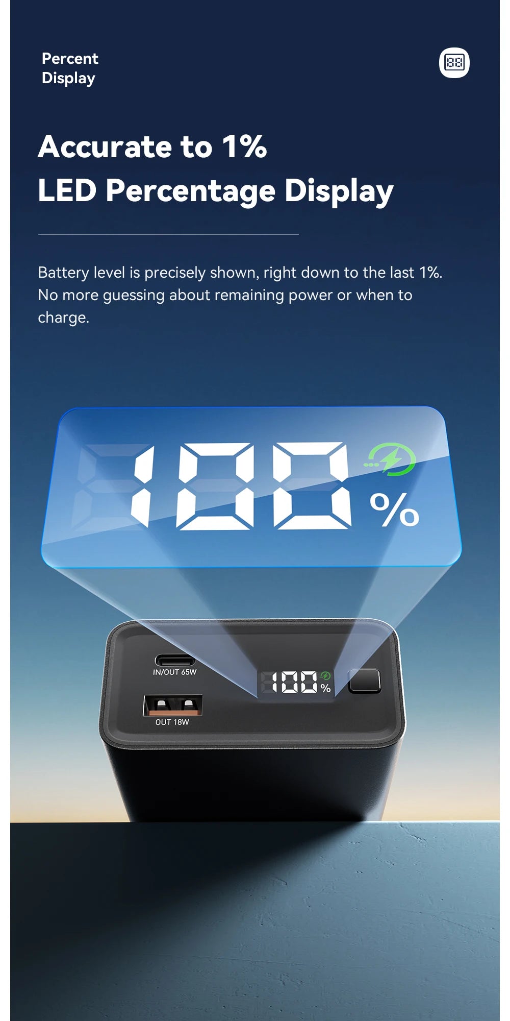 Power bank with LED percentage display on a blue background