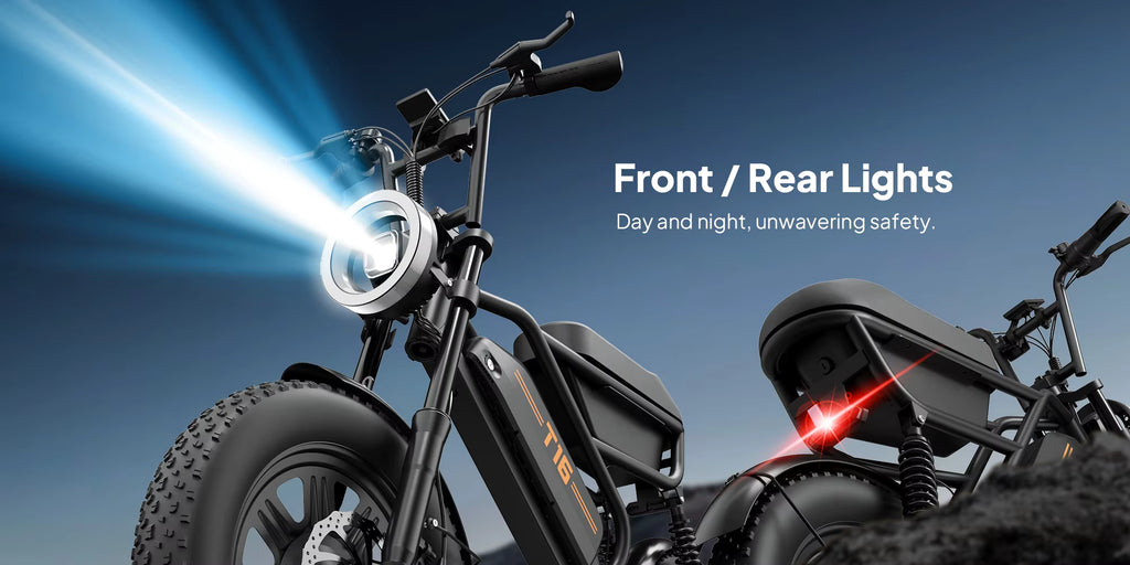 Detailed view of the Urlife T16 electric bike's integrated lighting system, showing the powerful front halo LED headlight and frame-mounted red rear safety taillight.