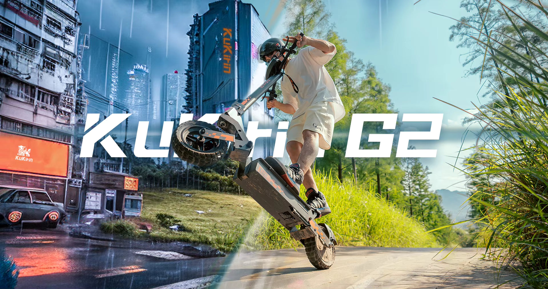 Person riding a Kukirin G2 electric scooter in an urban and natural setting with brand logos.