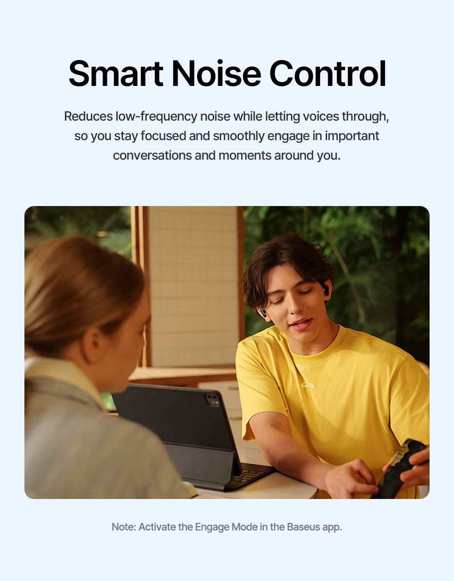 Promotional graphic for a smart noise control feature, with text explaining low-frequency noise reduction and a photo of a man in a yellow shirt talking on a laptop in a cafe setting.