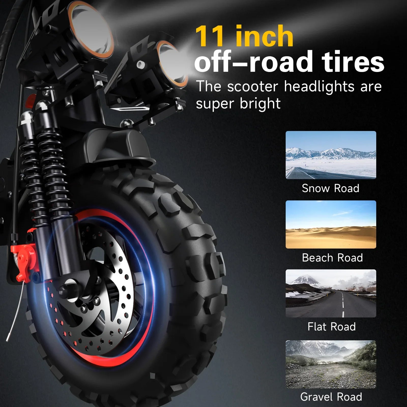 FREEBOY J11MAX  Electric Scooter with 11-inch off-road tires and headlights, showcasing versatility on different terrains.