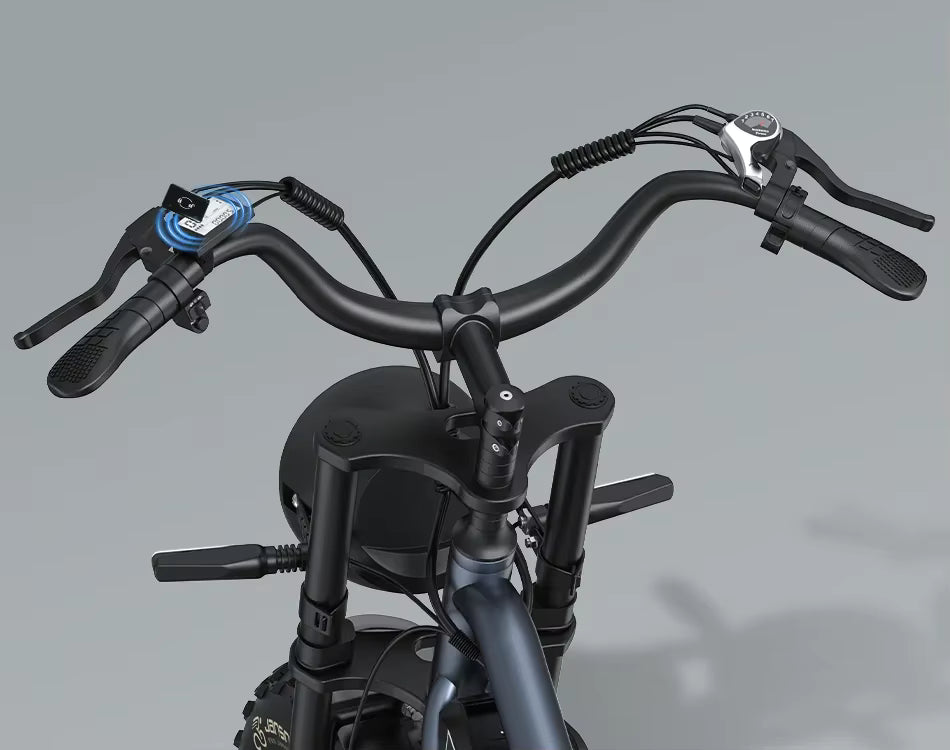 JANSNO X50 Close-up of an electric bicycle handlebar with brake levers on a gray background