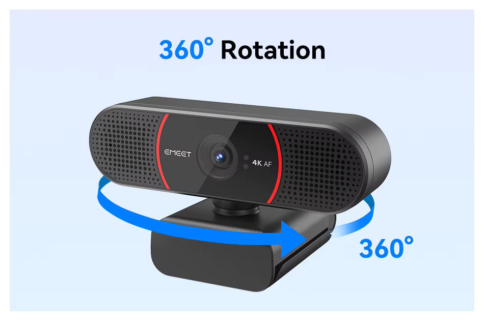 EMEET 4K webcam featuring 360-degree rotation base diagram highlighting flexible camera positioning