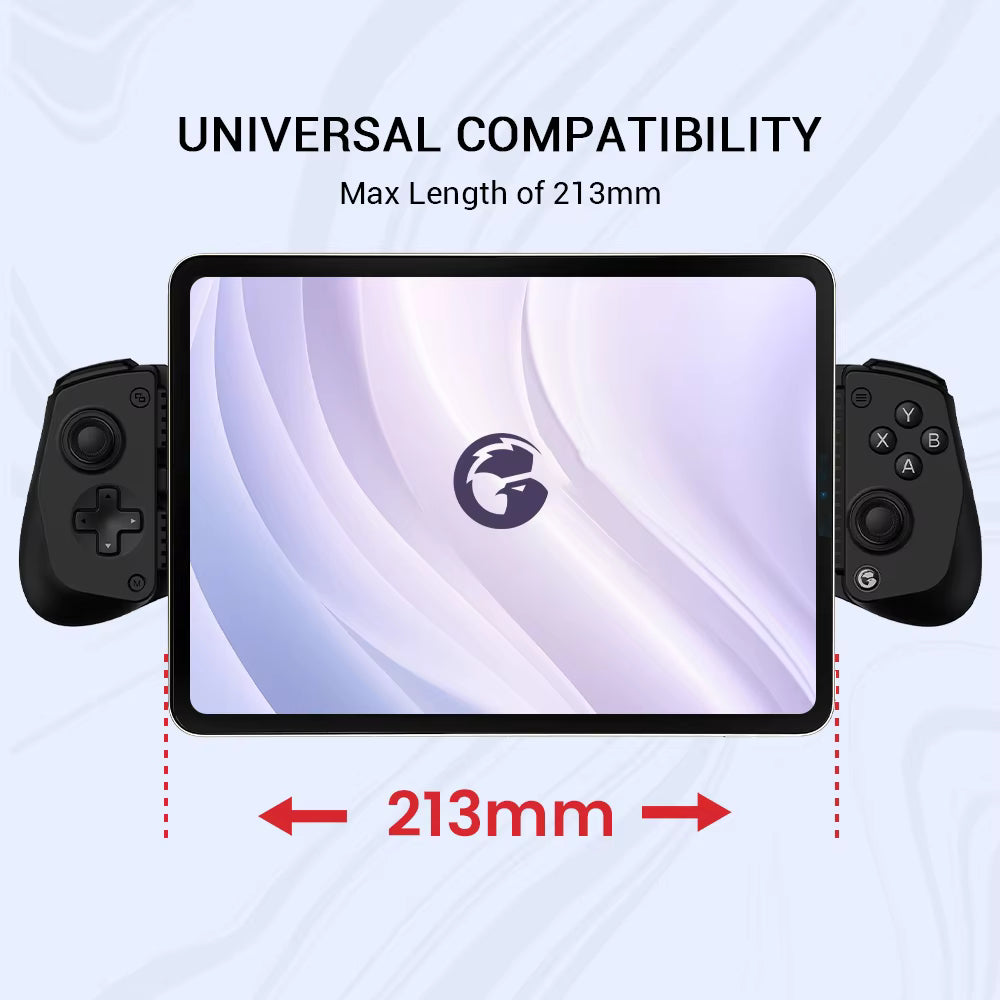 Gaming device with controllers on a white background, showing universal compatibility with a max length of 213mm.