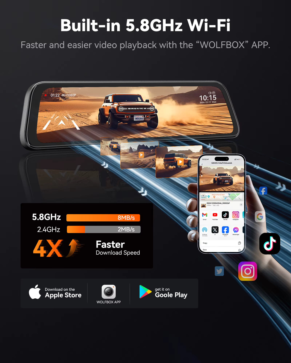 Wolfbox G840S built-in 5.8GHz Wi-Fi mobile app integration