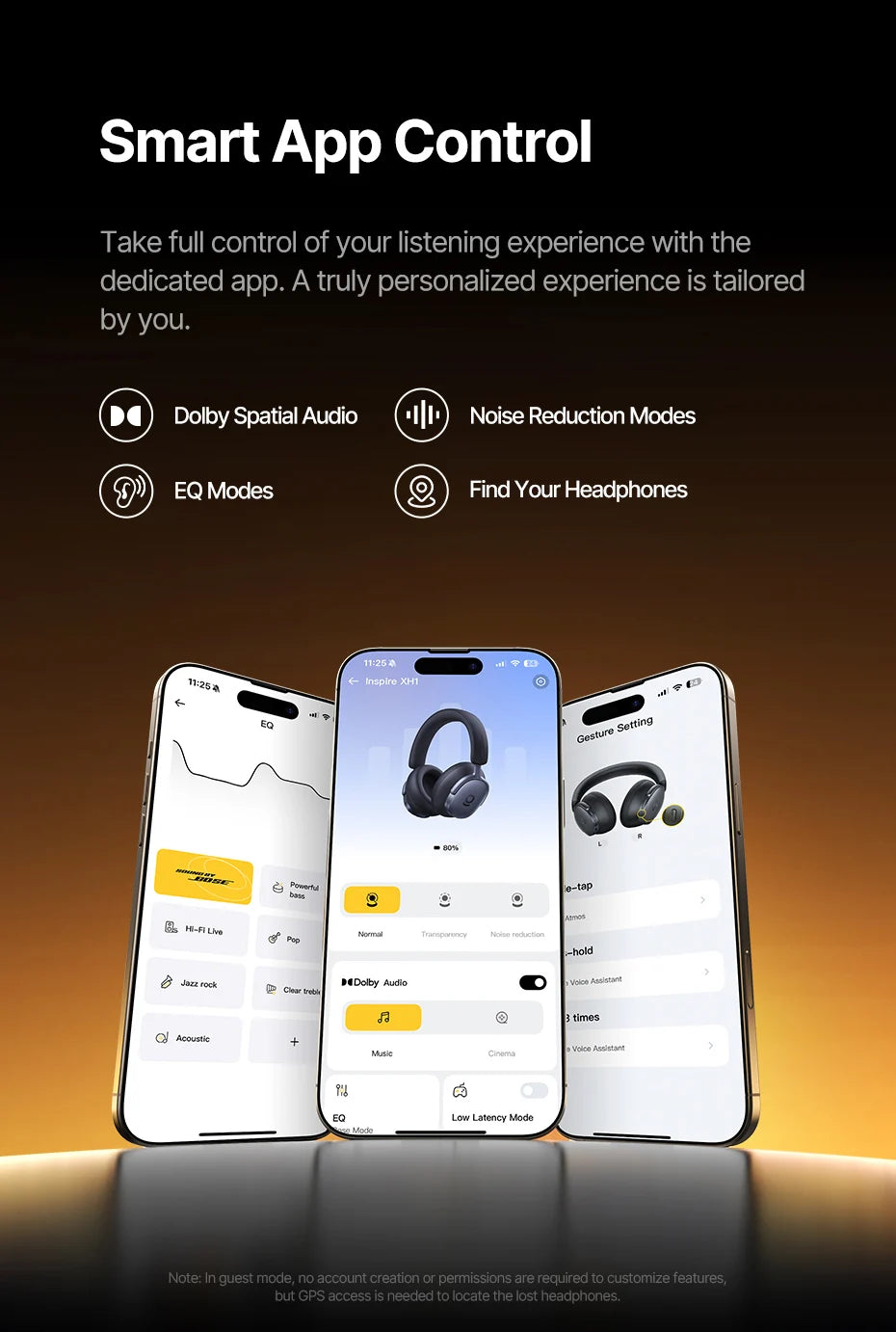 Smart app control for Baseus Inspire XH1 headphones with smartphone screens displaying app features on a dark background.