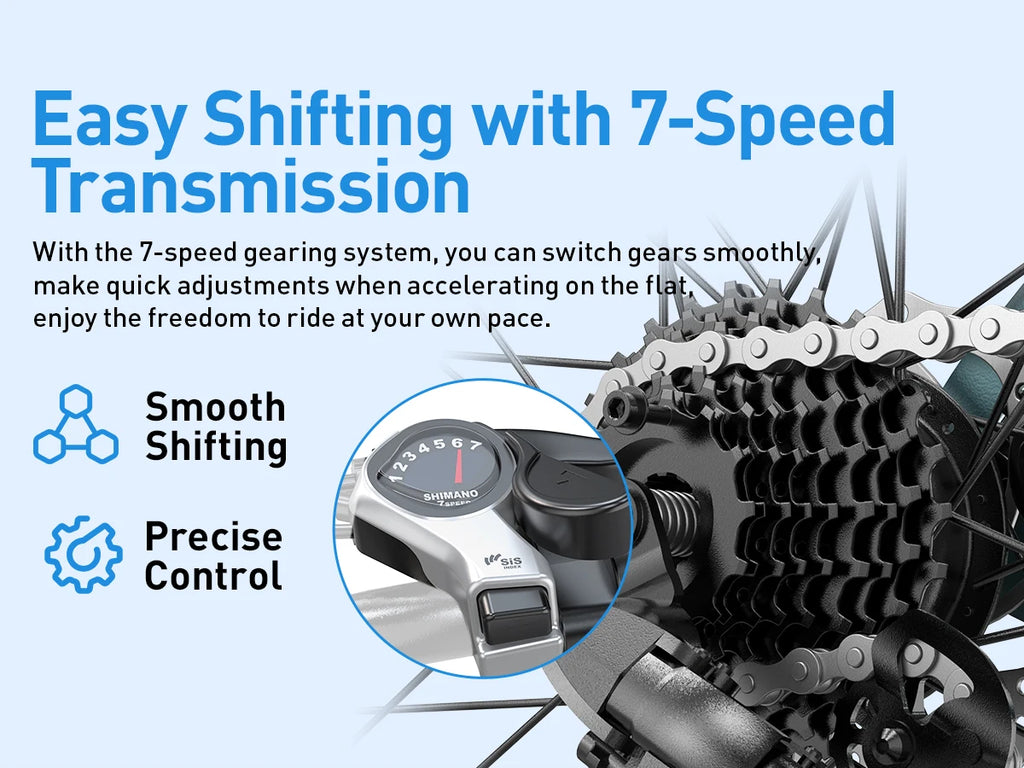 Bicycle transmission system with text about easy shifting and 7-speed transmission on a blue background.