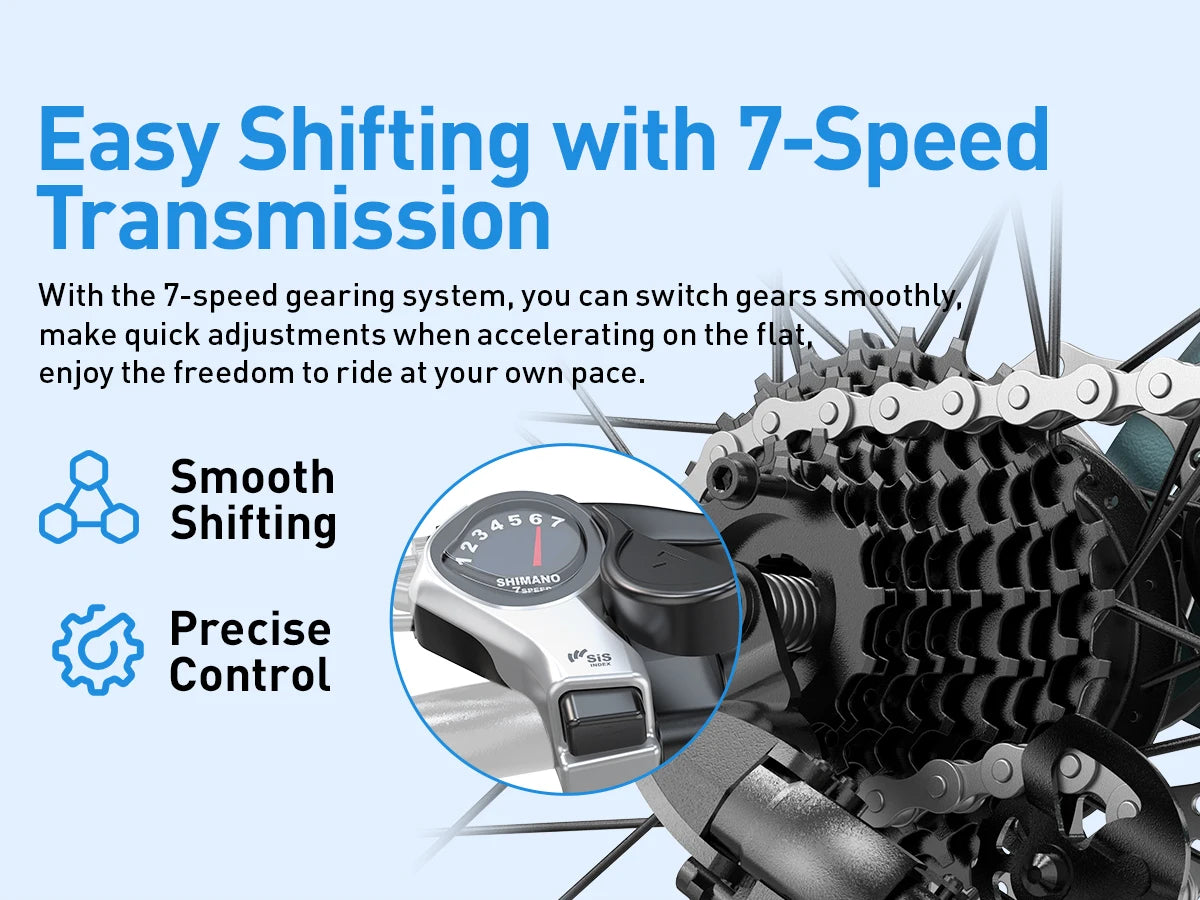 Bicycle transmission system with text about easy shifting and 7-speed transmission on a blue background.