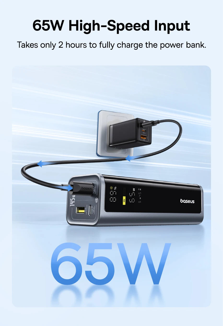 Baseus power bank with charging cable and socket on a light blue background