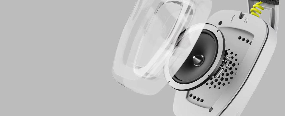 Close-up technical detail shot highlighting the 50mm driver speaker grille and ear cup build