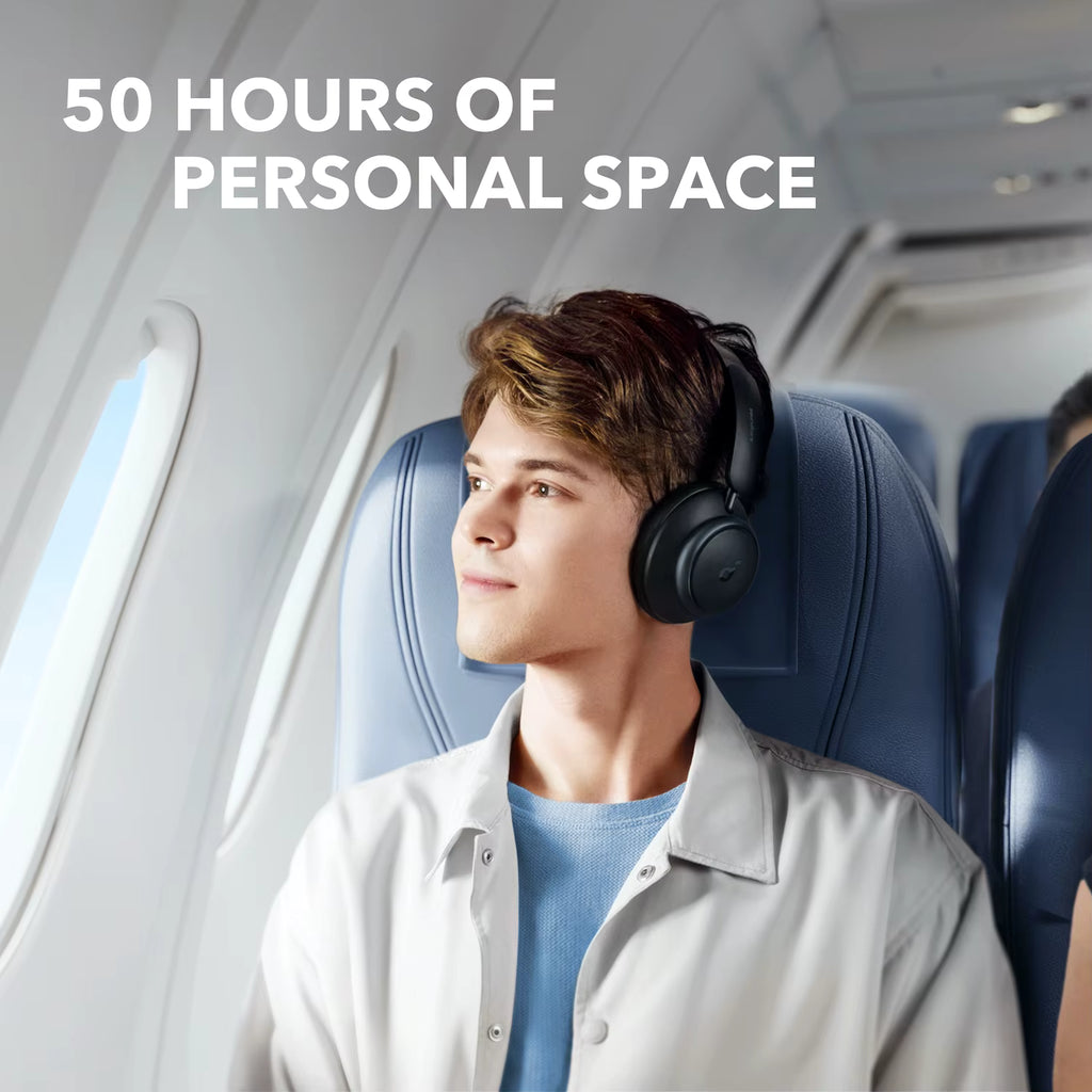 Person sitting in an airplane seat with headphones on, text '50 Hours of Personal Space' above.