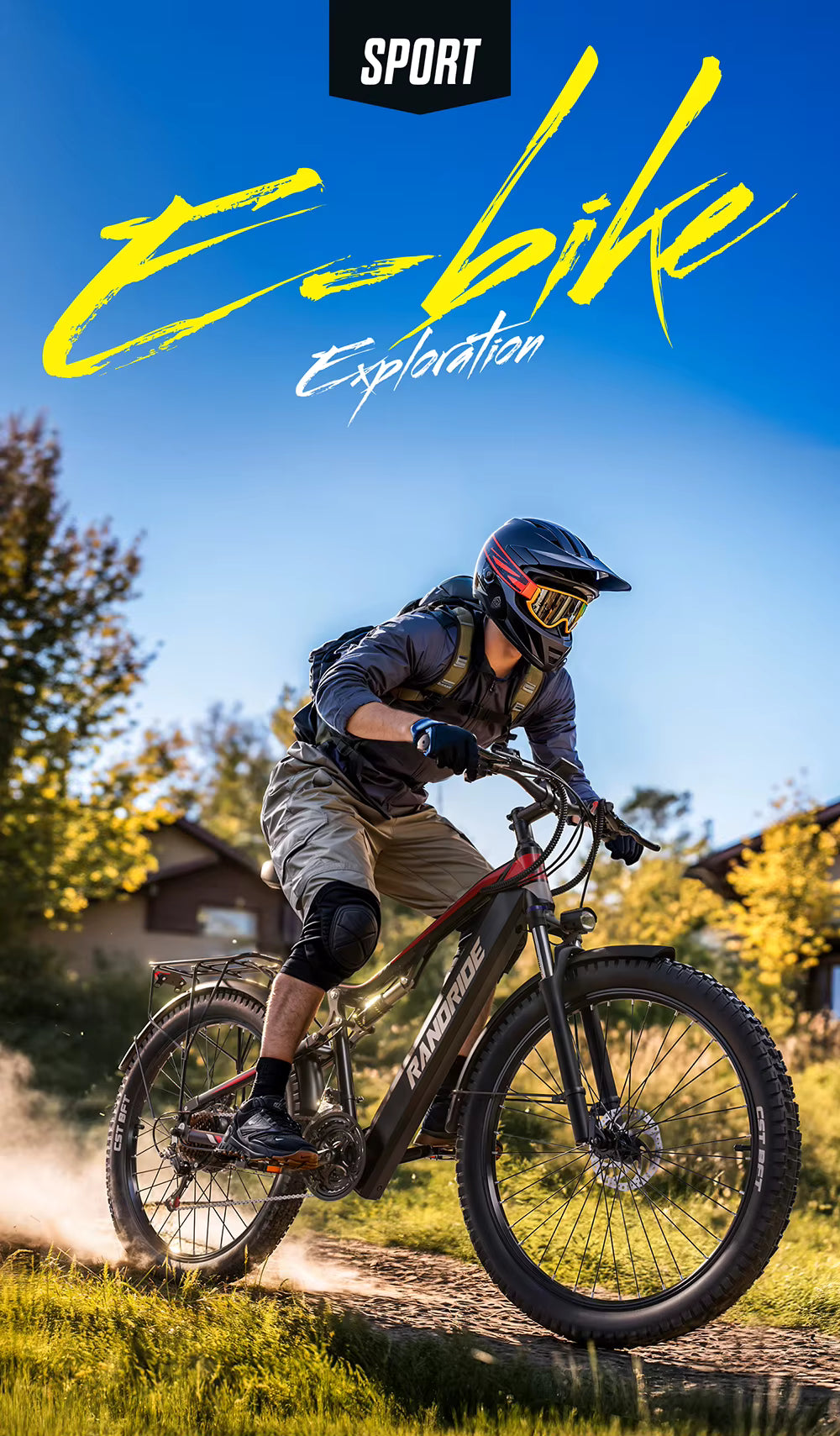 Person riding an electric bike on a trail with 'E-bike Exploration' text and 'SPORT' logo.