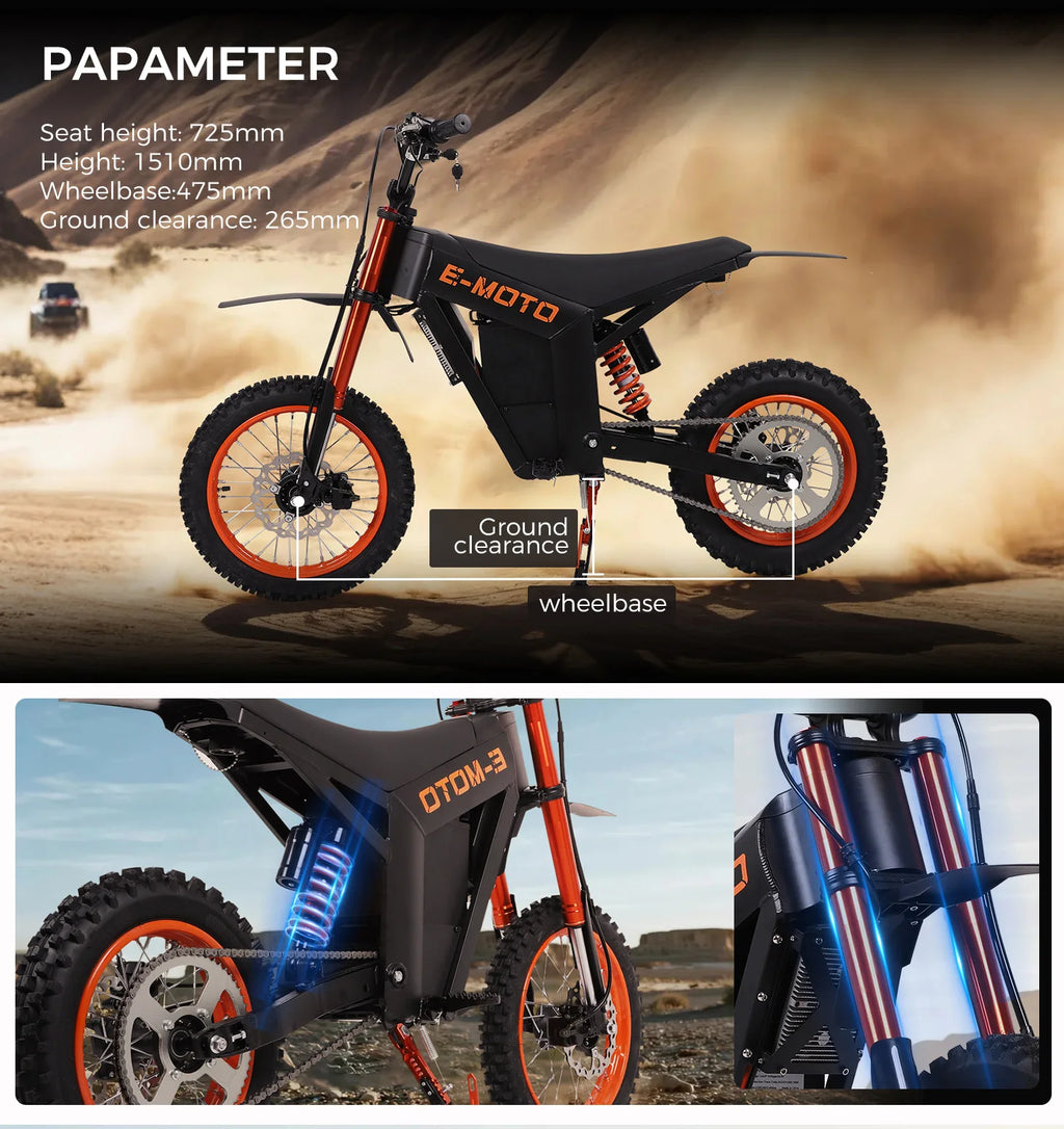Electric mountain bike with specifications and close-up of suspension on a desert background