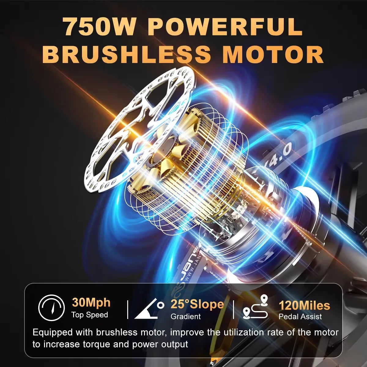 750W powerful brushless motor with specifications on a dark background