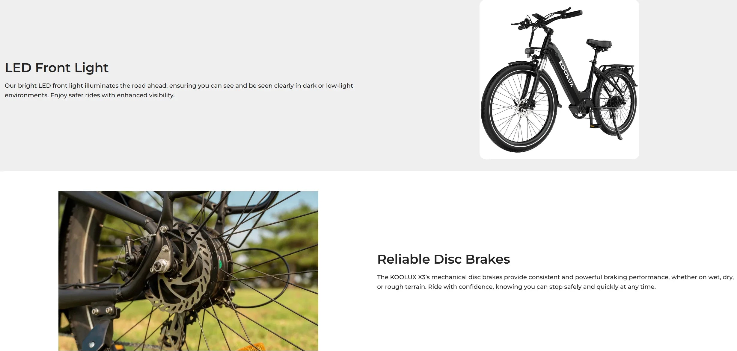 Electric bike with LED front light and reliable disc brakes on a white background