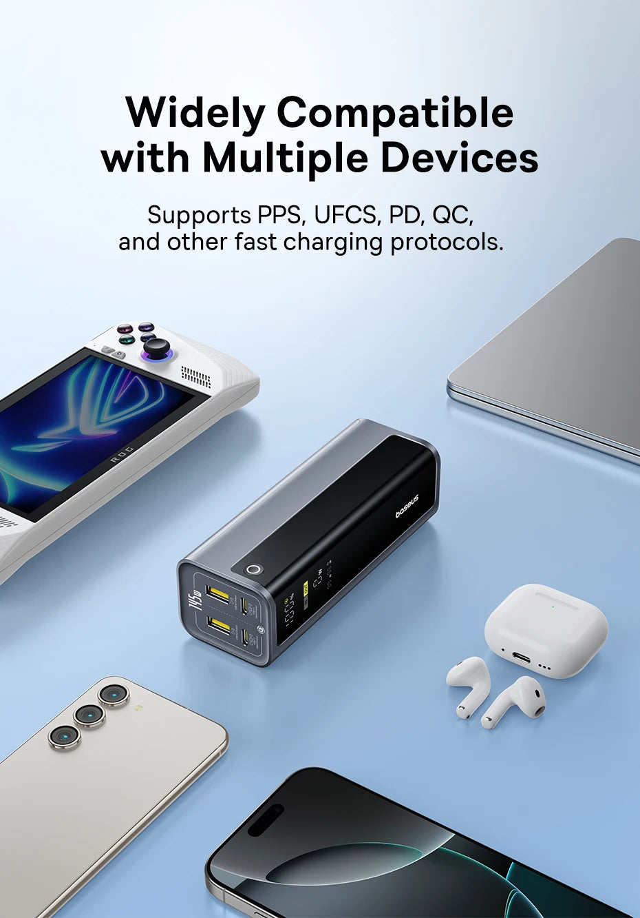 Power bank with compatible devices on a light blue background