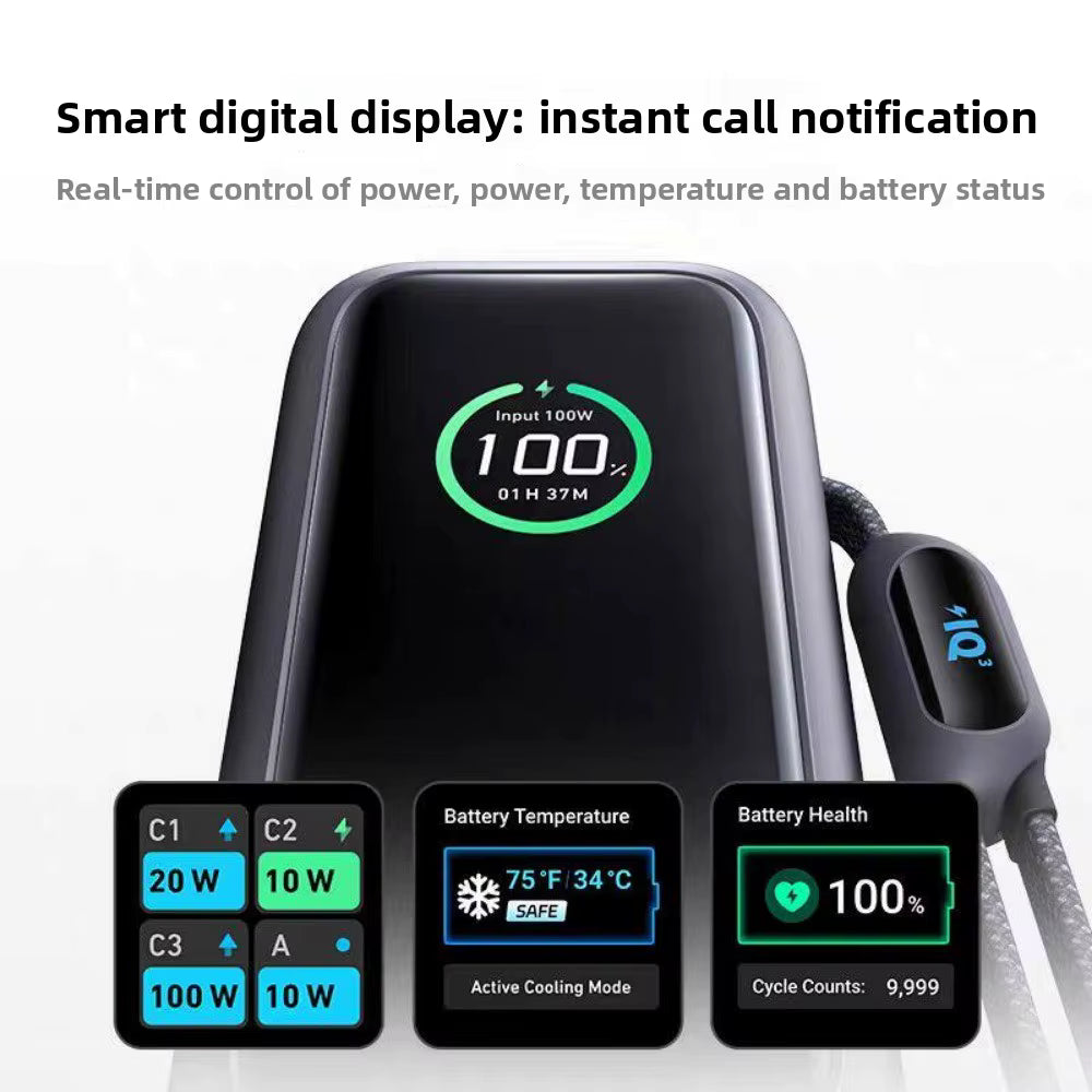 A smart power bank with a digital display screen, shown alongside three inset screens demonstrating battery status, temperature, and charging power settings.