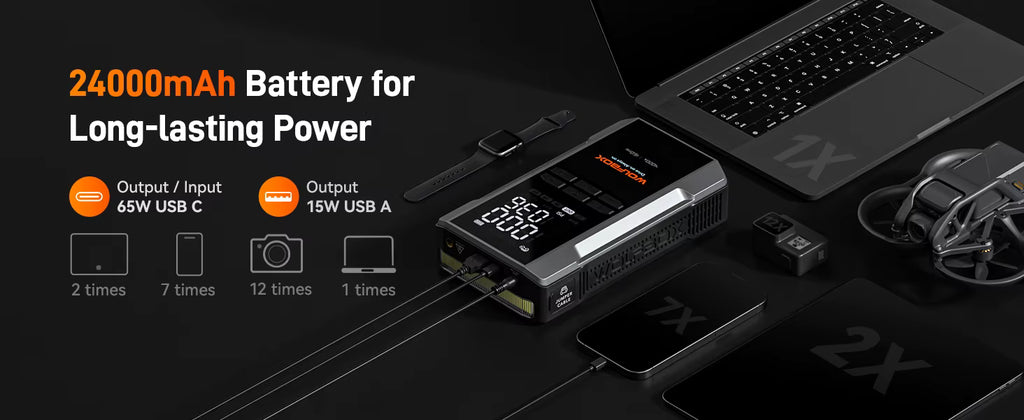 Portable power bank with specifications on a dark background