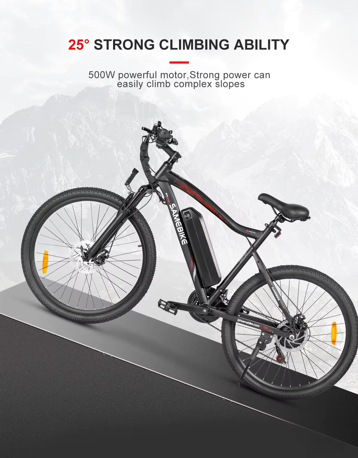 Electric bike with text highlighting strong climbing ability on a white background