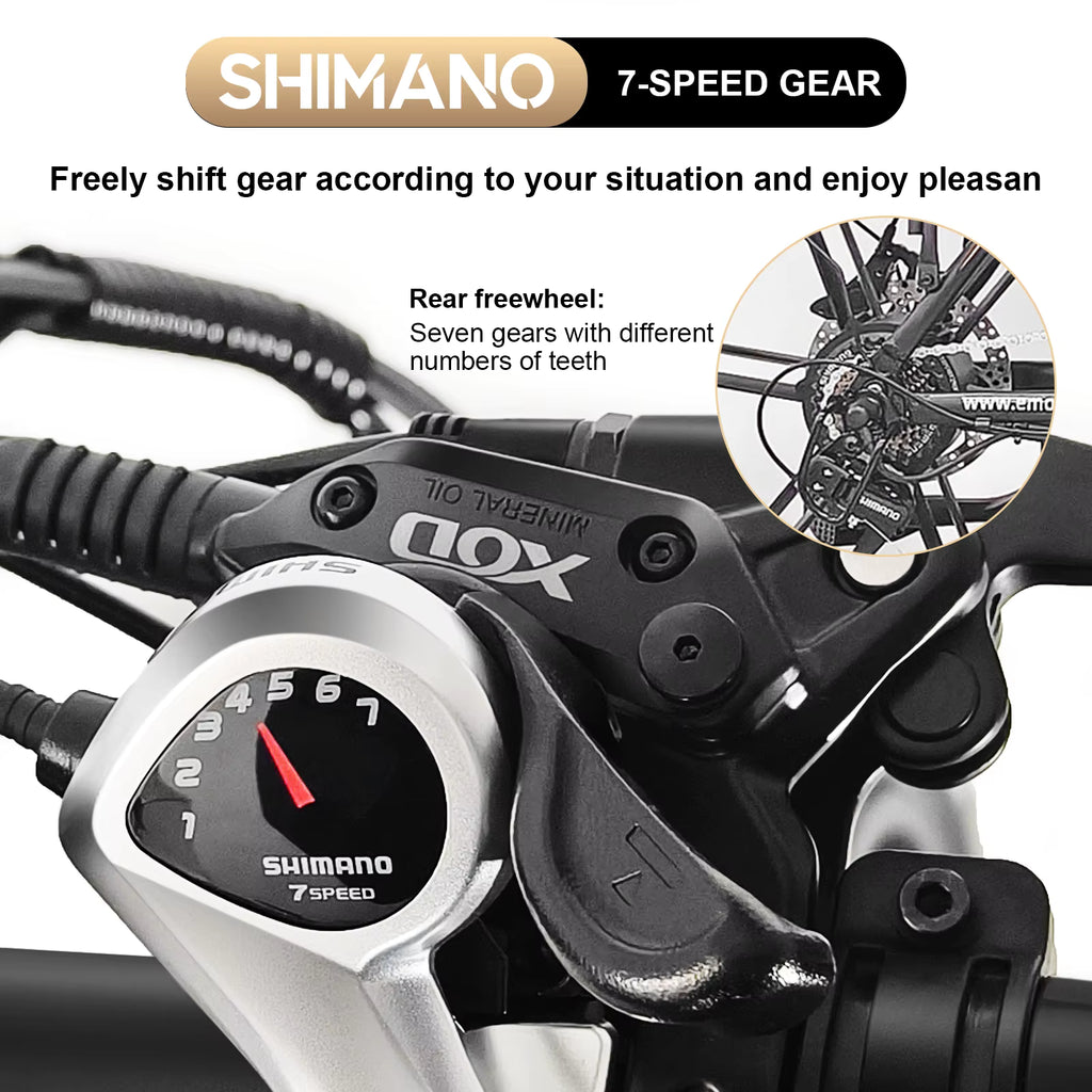 EMOCO 1000W electric bicycle Shimano 7-speed gear system with detailed view of mechanism