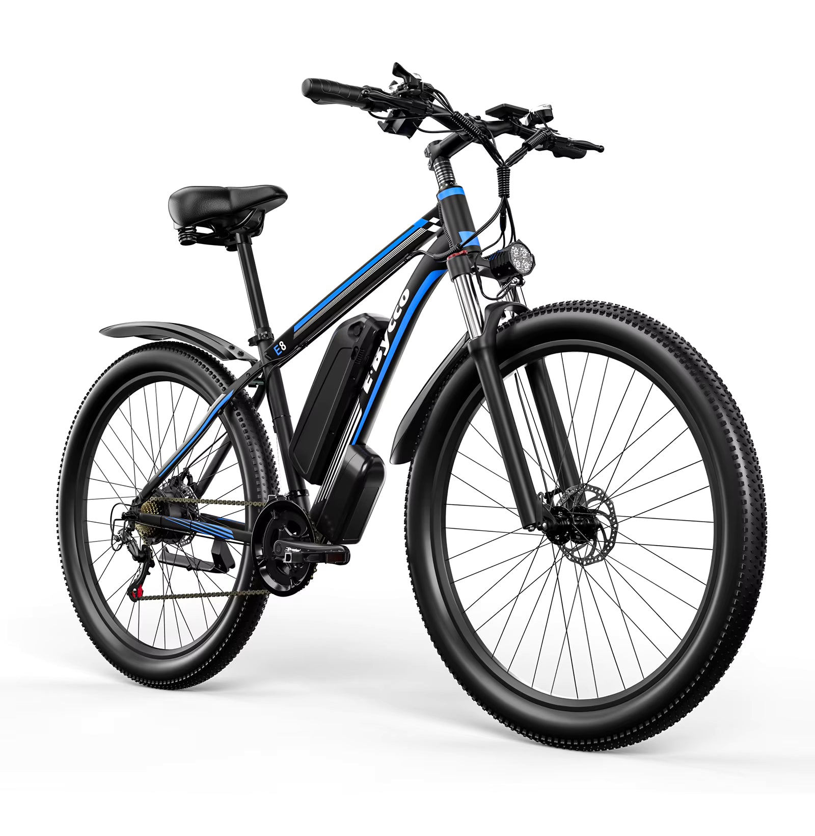 Black electric bicycle with blue accents on a white background