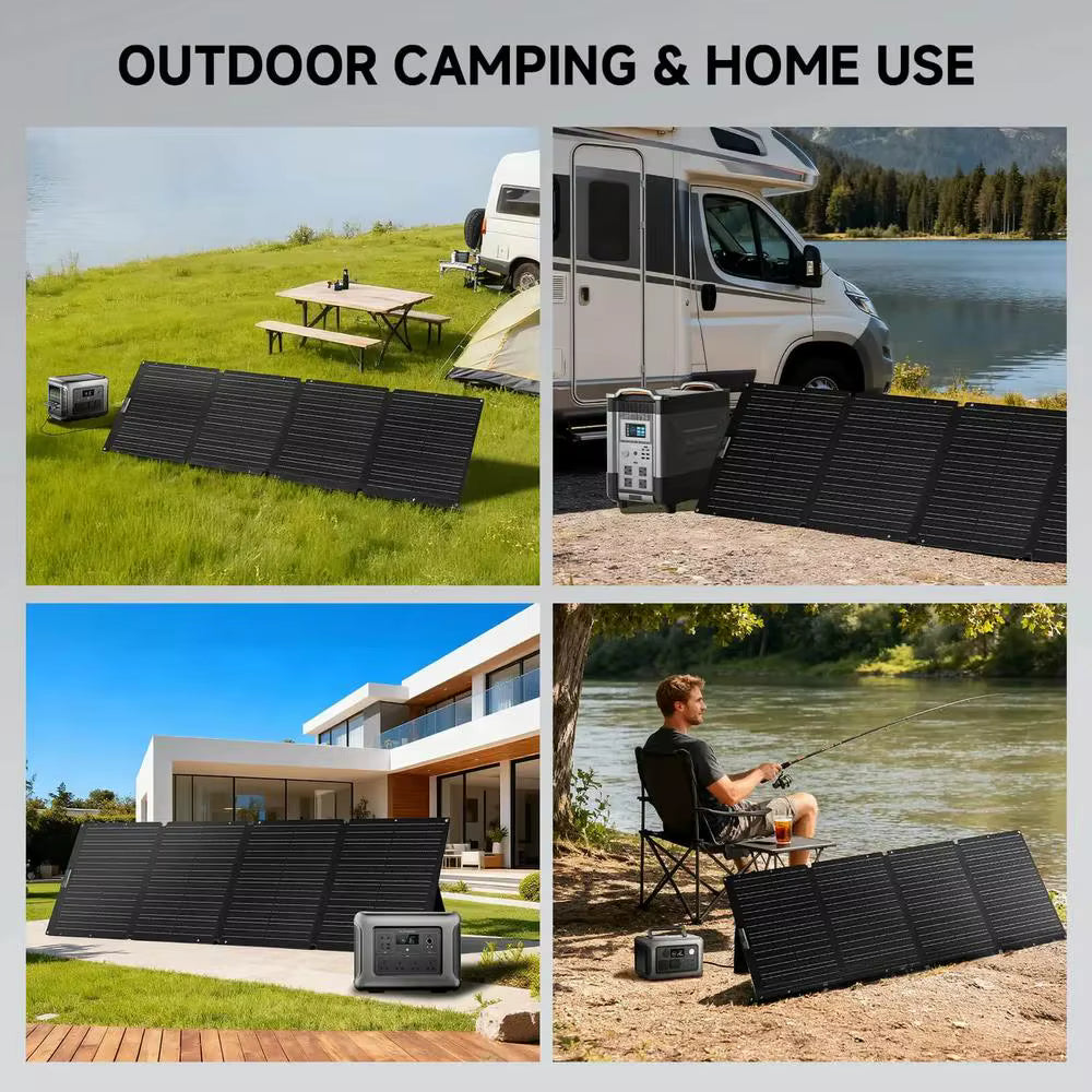 Solar panels in various outdoor settings including camping, RV use, and home use.