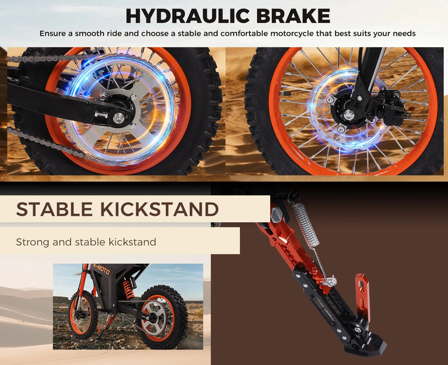 Electric mountain bike wheels with hydraulic brake system and stable kickstand on a wooden background
